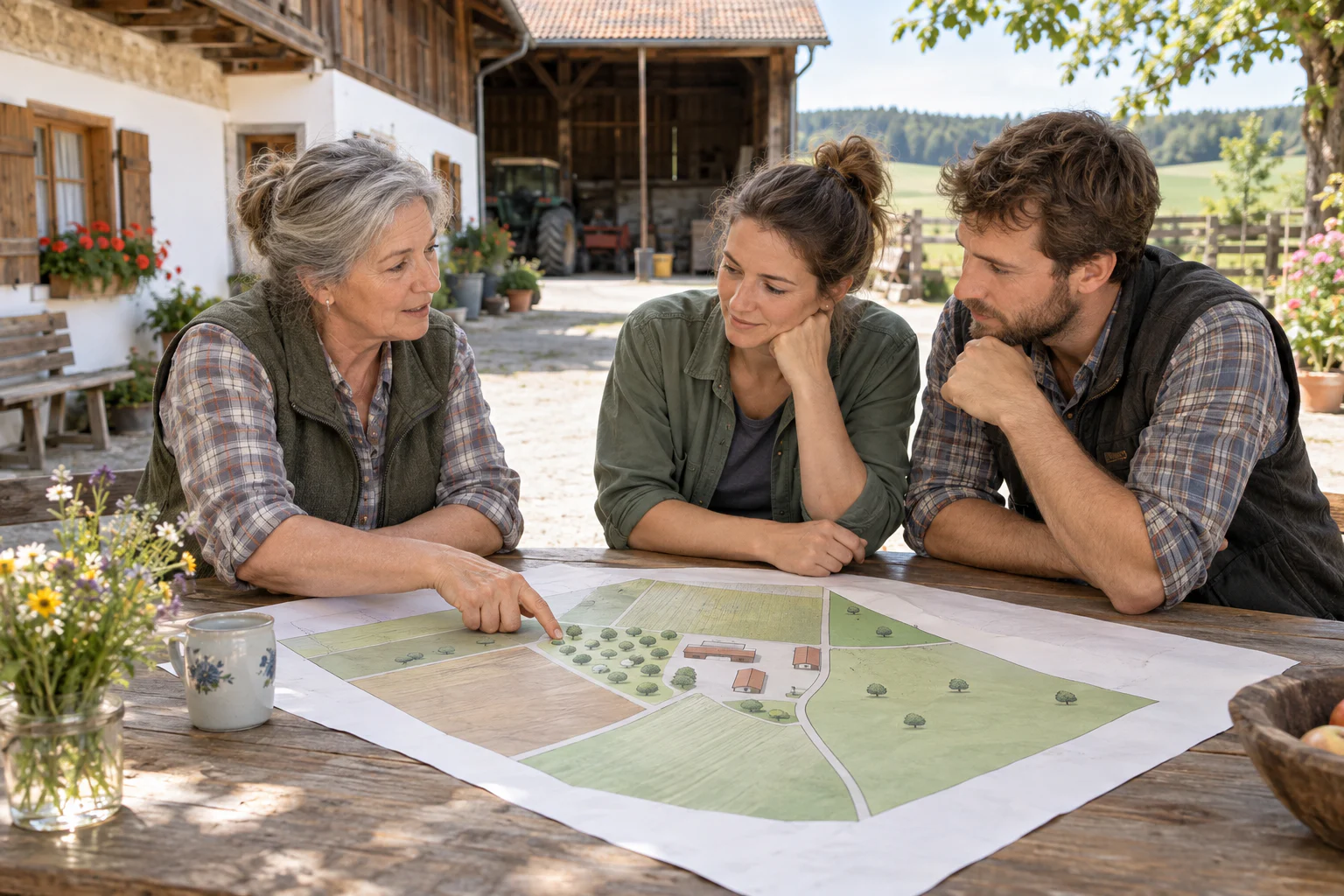 Hofeigentümerin und jüngeres landwirtschaftliches Paar betrachten gemeinsam einen schriftfreien Hof- und Flächenplan