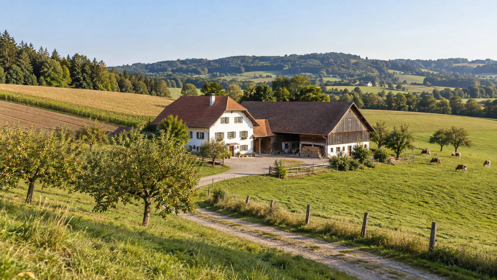 Österreichischer Mischbetrieb mit Wohnhaus, Wirtschaftsgebäude, Acker, Obstwiese und Weide